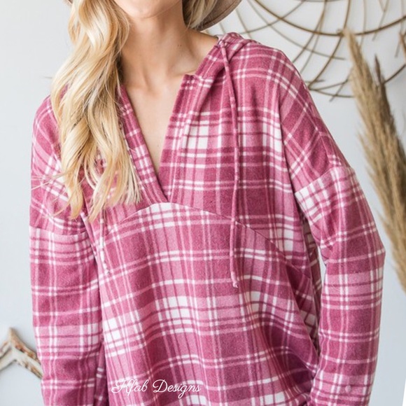 ❤️LAST 1! V Neck Soft Check Print Relaxed Fit Hoodie! - Picture 8 of 8